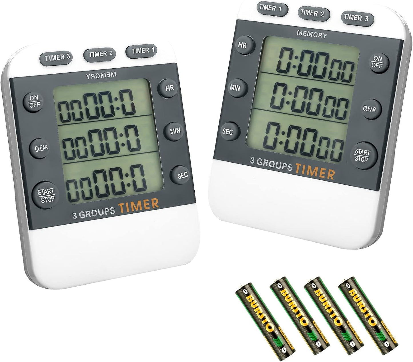 2 Pcs Digital Kitchen Timer 3 Channels Multi Timer Loud Adjustable Alarm Magnetic Count up Down Memory Preset Battery Included for Cooking Baking BBQ Study Classroom