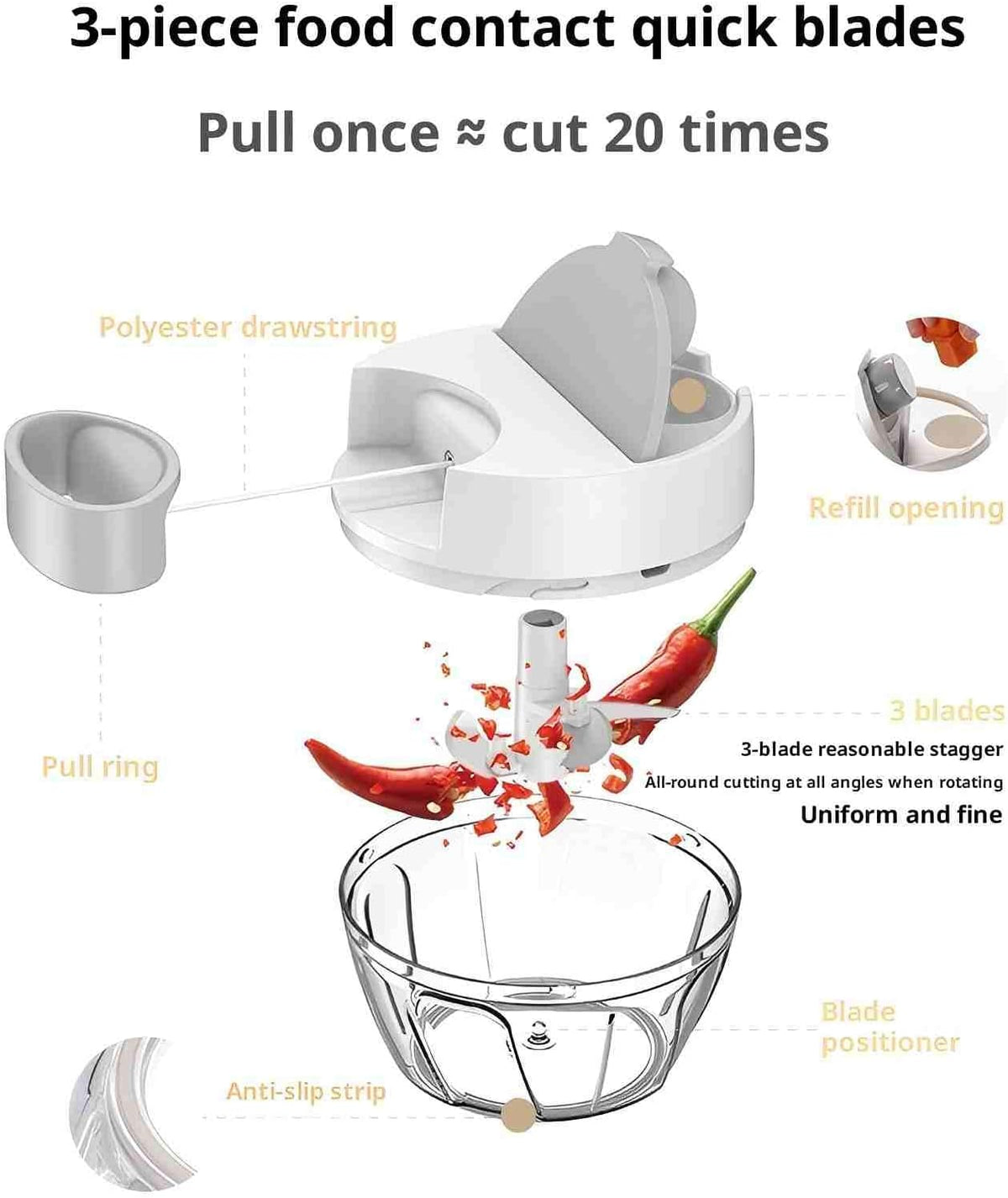 VorivelLife Vegetable Chopper Manual Food Processor Hand Pull Veggie Chopper for Garlic Onion Meat Fruits Nuts 900ml White Grey
