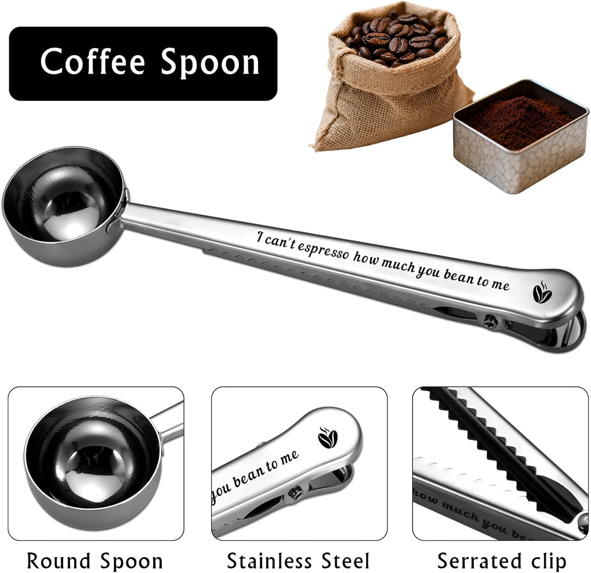Coffee Scoop with Clip Steel Gifts for 11th Anniversary 11 Year Anniversary 25th Wedding Birthday Gifts for Girlfriend Boyfriend Bean Scoop Valentines Day Coffee Lovers Gift for Wife Husband Couple
