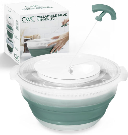 Collapsible Salad Spinner - 4 QT Space Saving Lettuce Dryer with Folding Collapsible Colander Great for Washing and Drying Fruit and Vegetables (Sage)