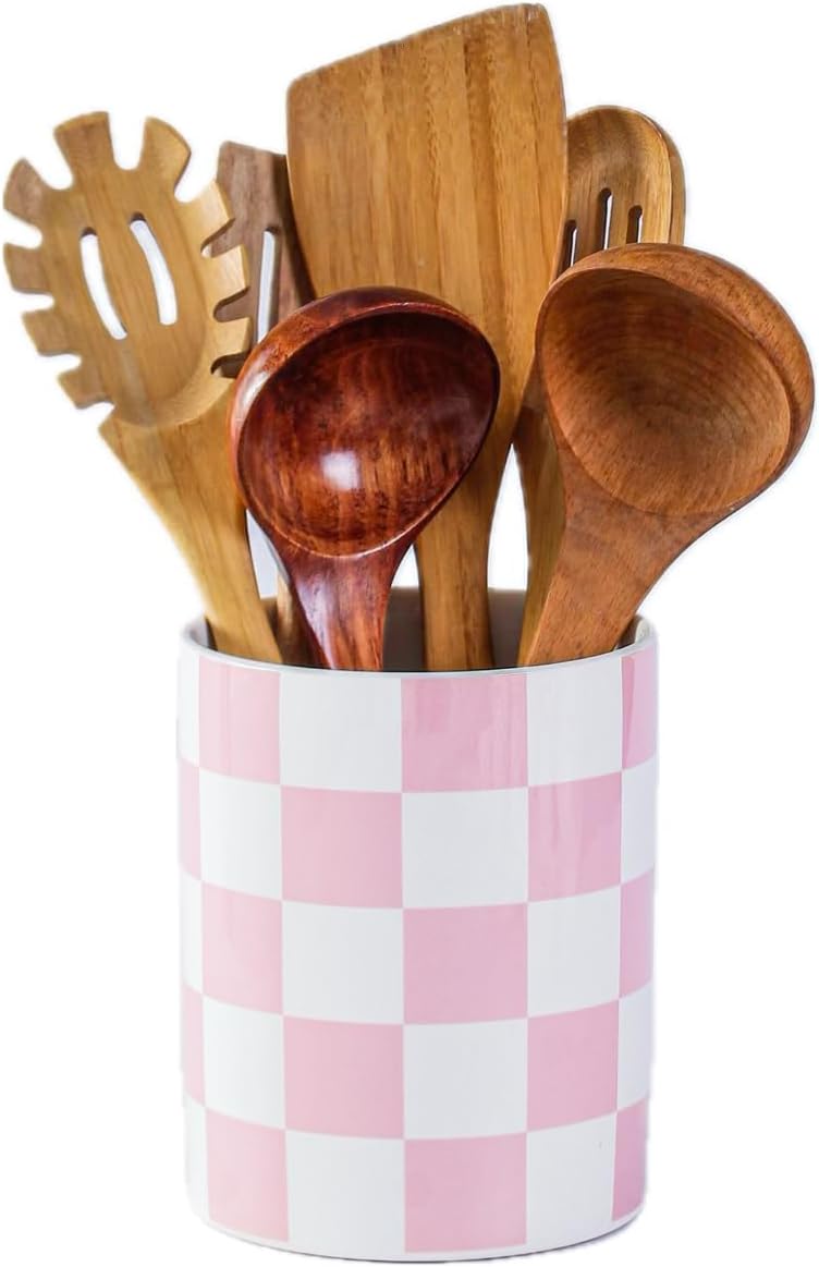 Kitchen Utensil Holder, 6.3 Inch Checkered Ceramic Cooking Utensil Holder Modern Utensil Crocks for Kitchen Counter-Farmhouse, Housewarming Gift, Decor and Accessories (Pink, 6.3 Inch)