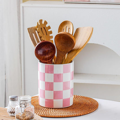 Kitchen Utensil Holder, 6.3 Inch Checkered Ceramic Cooking Utensil Holder Modern Utensil Crocks for Kitchen Counter-Farmhouse, Housewarming Gift, Decor and Accessories (Pink, 6.3 Inch)