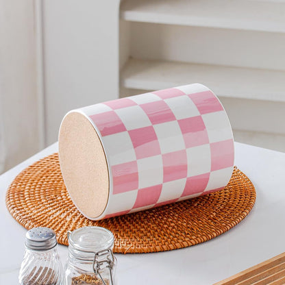 Kitchen Utensil Holder, 6.3 Inch Checkered Ceramic Cooking Utensil Holder Modern Utensil Crocks for Kitchen Counter-Farmhouse, Housewarming Gift, Decor and Accessories (Pink, 6.3 Inch)