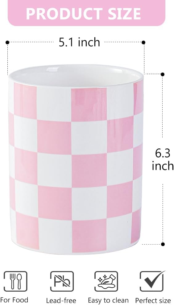 Kitchen Utensil Holder, 6.3 Inch Checkered Ceramic Cooking Utensil Holder Modern Utensil Crocks for Kitchen Counter-Farmhouse, Housewarming Gift, Decor and Accessories (Pink, 6.3 Inch)