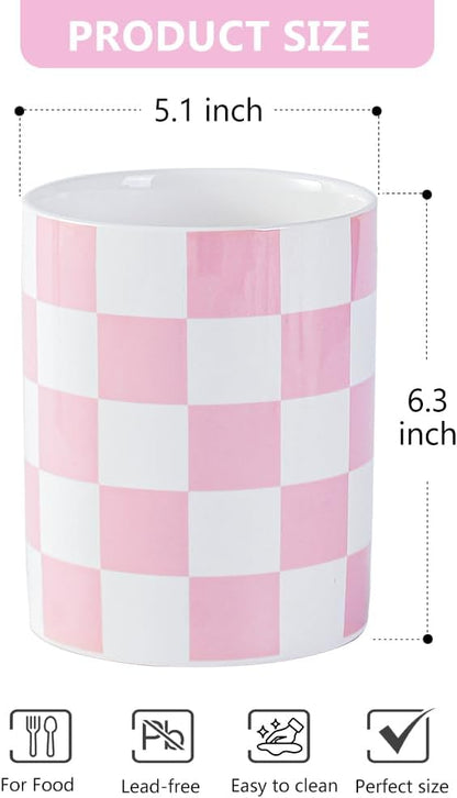 Kitchen Utensil Holder, 6.3 Inch Checkered Ceramic Cooking Utensil Holder Modern Utensil Crocks for Kitchen Counter-Farmhouse, Housewarming Gift, Decor and Accessories (Pink, 6.3 Inch)