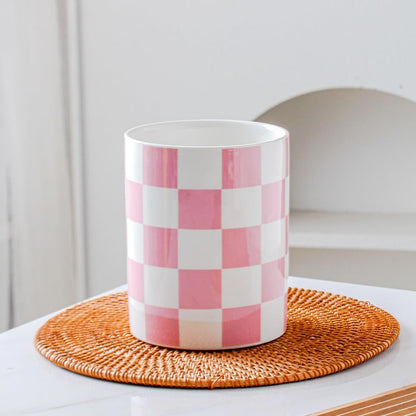 Kitchen Utensil Holder, 6.3 Inch Checkered Ceramic Cooking Utensil Holder Modern Utensil Crocks for Kitchen Counter-Farmhouse, Housewarming Gift, Decor and Accessories (Pink, 6.3 Inch)