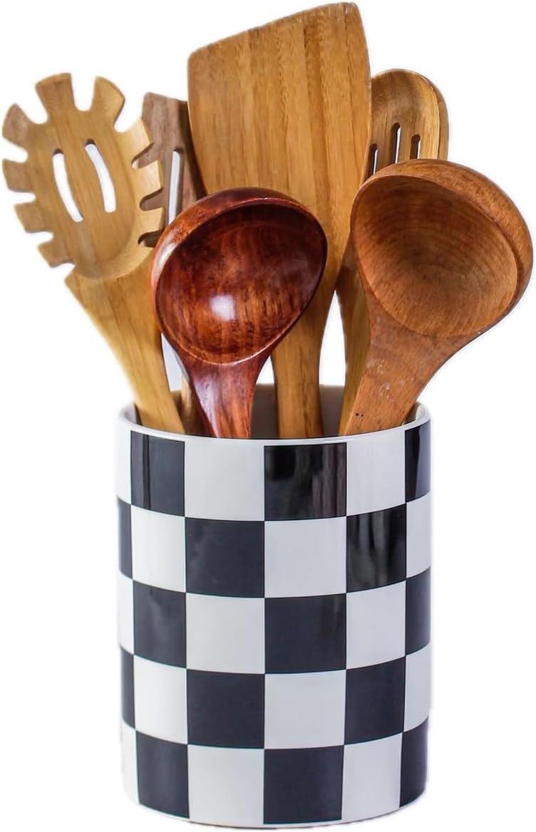 Kitchen Utensil Holder, 6.3 Inch Checkered Ceramic Cooking Utensil Holder Modern Utensil Crocks for Kitchen Counter-Farmhouse, Housewarming Gift, Decor and Accessories (Pink, 6.3 Inch)
