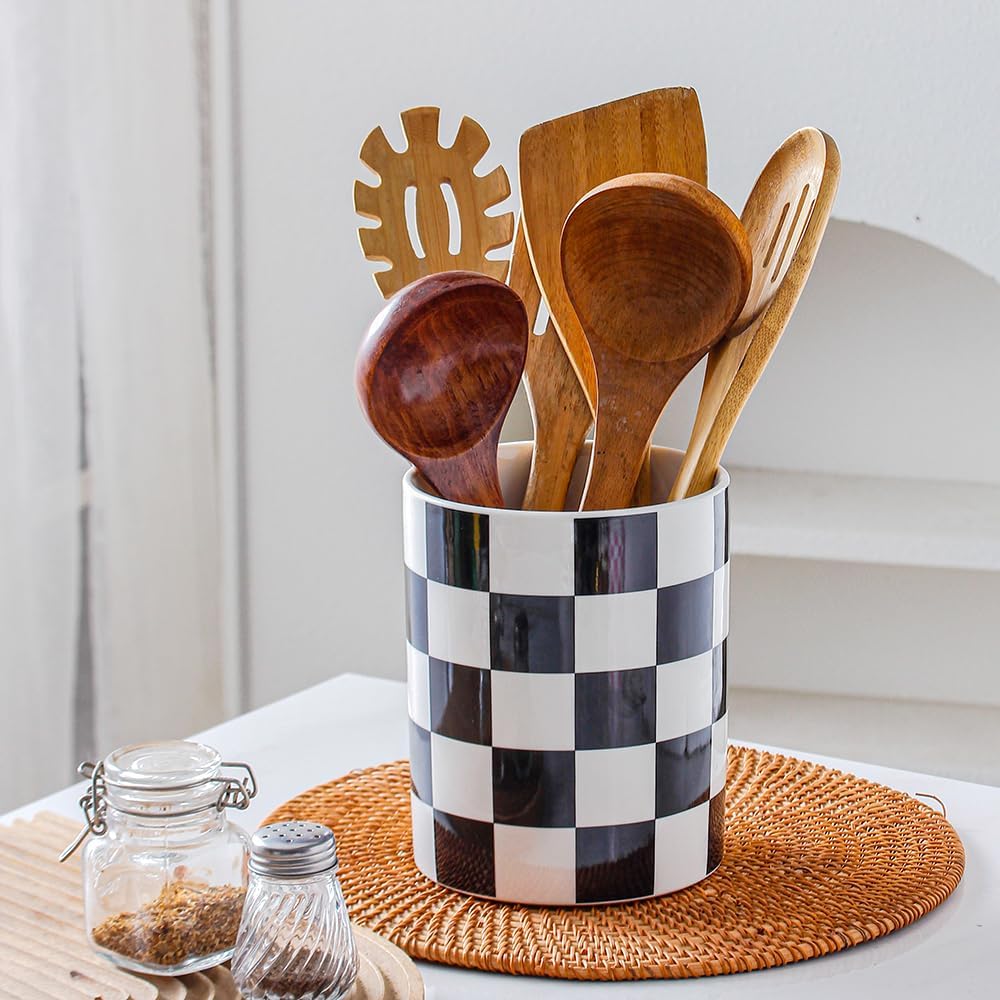 Kitchen Utensil Holder, 6.3 Inch Checkered Ceramic Cooking Utensil Holder Modern Utensil Crocks for Kitchen Counter-Farmhouse, Housewarming Gift, Decor and Accessories (Pink, 6.3 Inch)