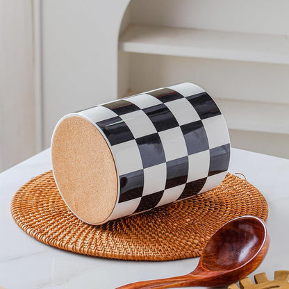 Kitchen Utensil Holder, 6.3 Inch Checkered Ceramic Cooking Utensil Holder Modern Utensil Crocks for Kitchen Counter-Farmhouse, Housewarming Gift, Decor and Accessories (Pink, 6.3 Inch)