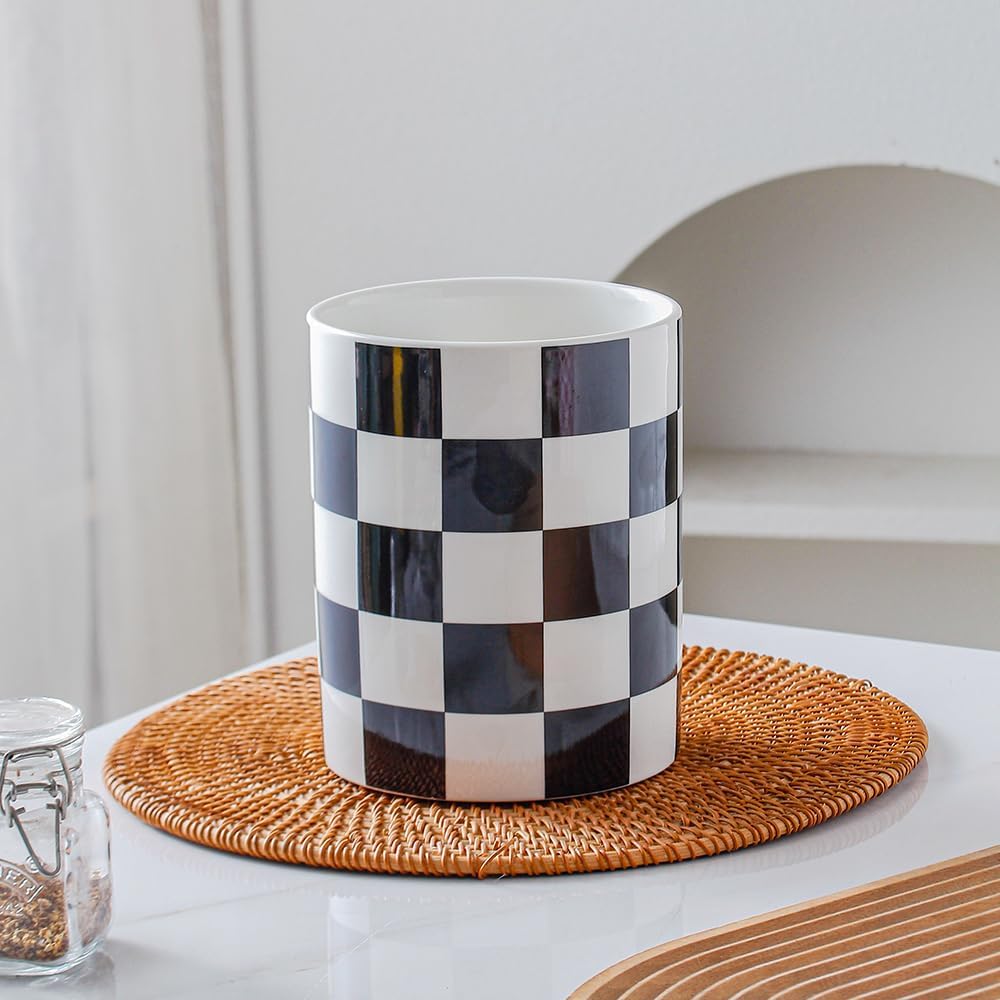Kitchen Utensil Holder, 6.3 Inch Checkered Ceramic Cooking Utensil Holder Modern Utensil Crocks for Kitchen Counter-Farmhouse, Housewarming Gift, Decor and Accessories (Pink, 6.3 Inch)