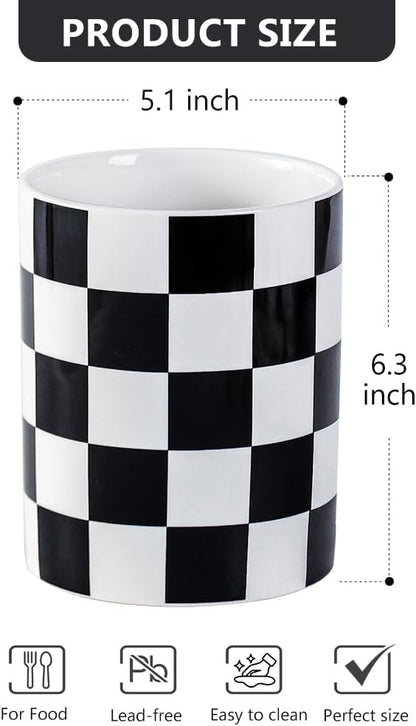 Kitchen Utensil Holder, 6.3 Inch Checkered Ceramic Cooking Utensil Holder Modern Utensil Crocks for Kitchen Counter-Farmhouse, Housewarming Gift, Decor and Accessories (Pink, 6.3 Inch)
