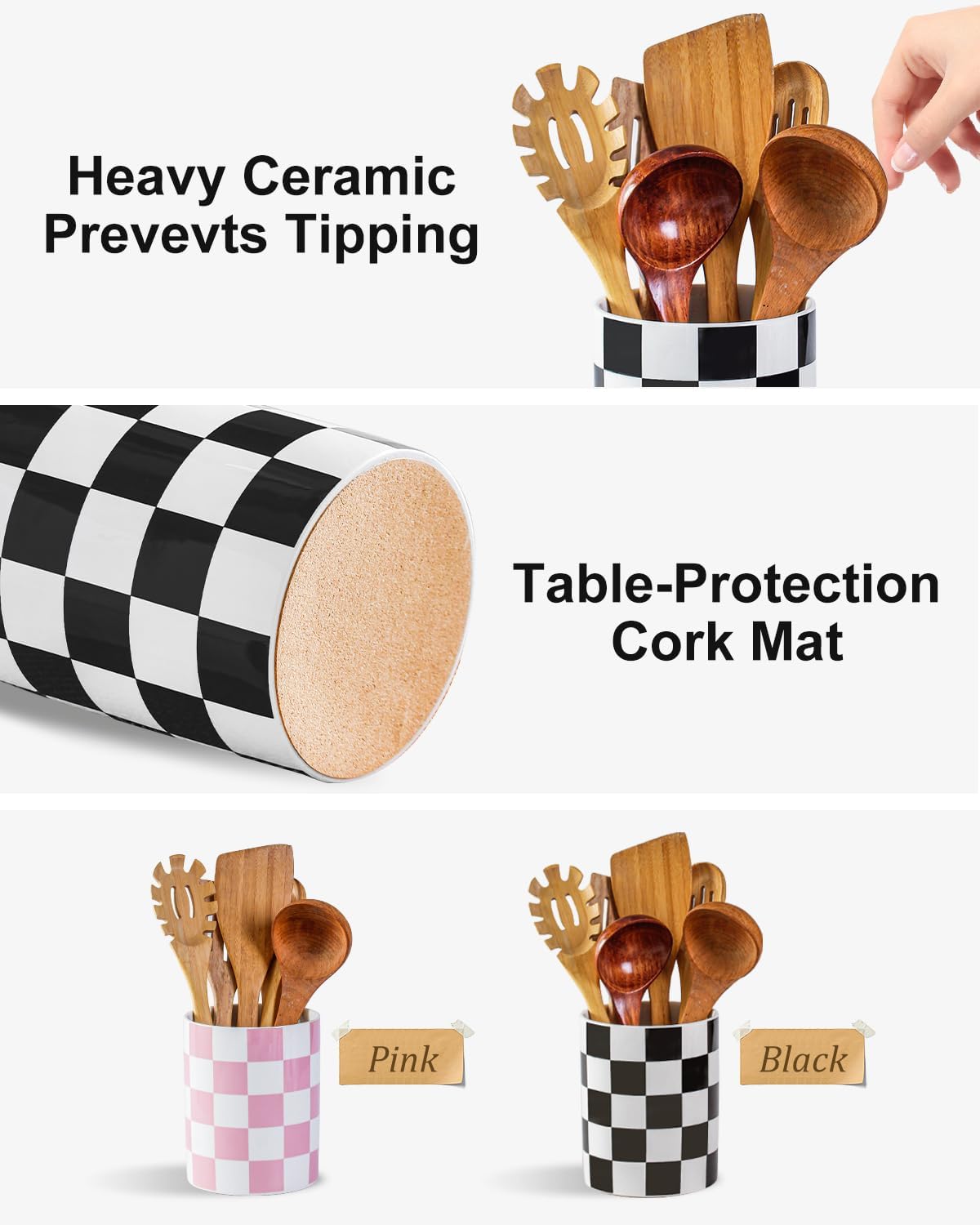Kitchen Utensil Holder, 6.3 Inch Checkered Ceramic Cooking Utensil Holder Modern Utensil Crocks for Kitchen Counter-Farmhouse, Housewarming Gift, Decor and Accessories (Pink, 6.3 Inch)