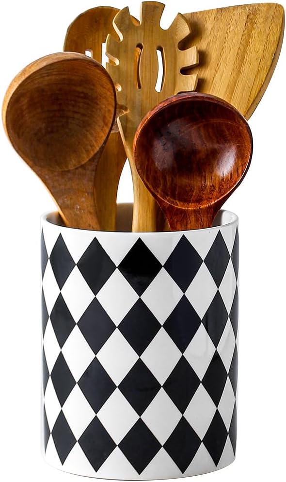 Kitchen Utensil Holder, 6.3 Inch Checkered Ceramic Cooking Utensil Holder Modern Utensil Crocks for Kitchen Counter-Farmhouse, Housewarming Gift, Decor and Accessories (Pink, 6.3 Inch)