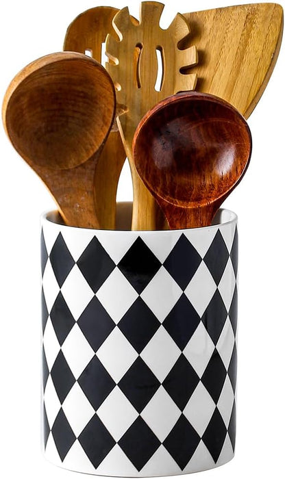 Kitchen Utensil Holder, 6.3 Inch Checkered Ceramic Cooking Utensil Holder Modern Utensil Crocks for Kitchen Counter-Farmhouse, Housewarming Gift, Decor and Accessories (Pink, 6.3 Inch)