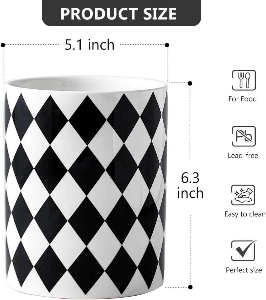 Kitchen Utensil Holder, 6.3 Inch Checkered Ceramic Cooking Utensil Holder Modern Utensil Crocks for Kitchen Counter-Farmhouse, Housewarming Gift, Decor and Accessories (Pink, 6.3 Inch)