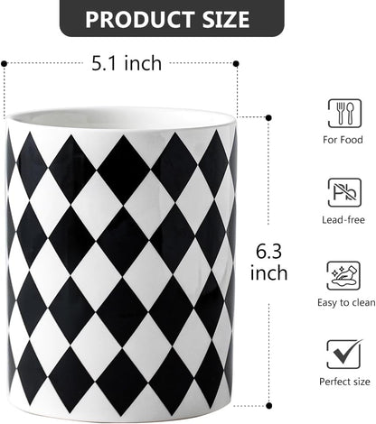 Kitchen Utensil Holder, 6.3 Inch Checkered Ceramic Cooking Utensil Holder Modern Utensil Crocks for Kitchen Counter-Farmhouse, Housewarming Gift, Decor and Accessories (Pink, 6.3 Inch)