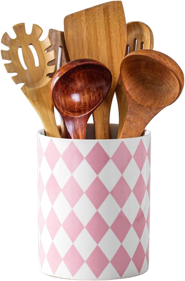Kitchen Utensil Holder, 6.3 Inch Checkered Ceramic Cooking Utensil Holder Modern Utensil Crocks for Kitchen Counter-Farmhouse, Housewarming Gift, Decor and Accessories (Pink, 6.3 Inch)