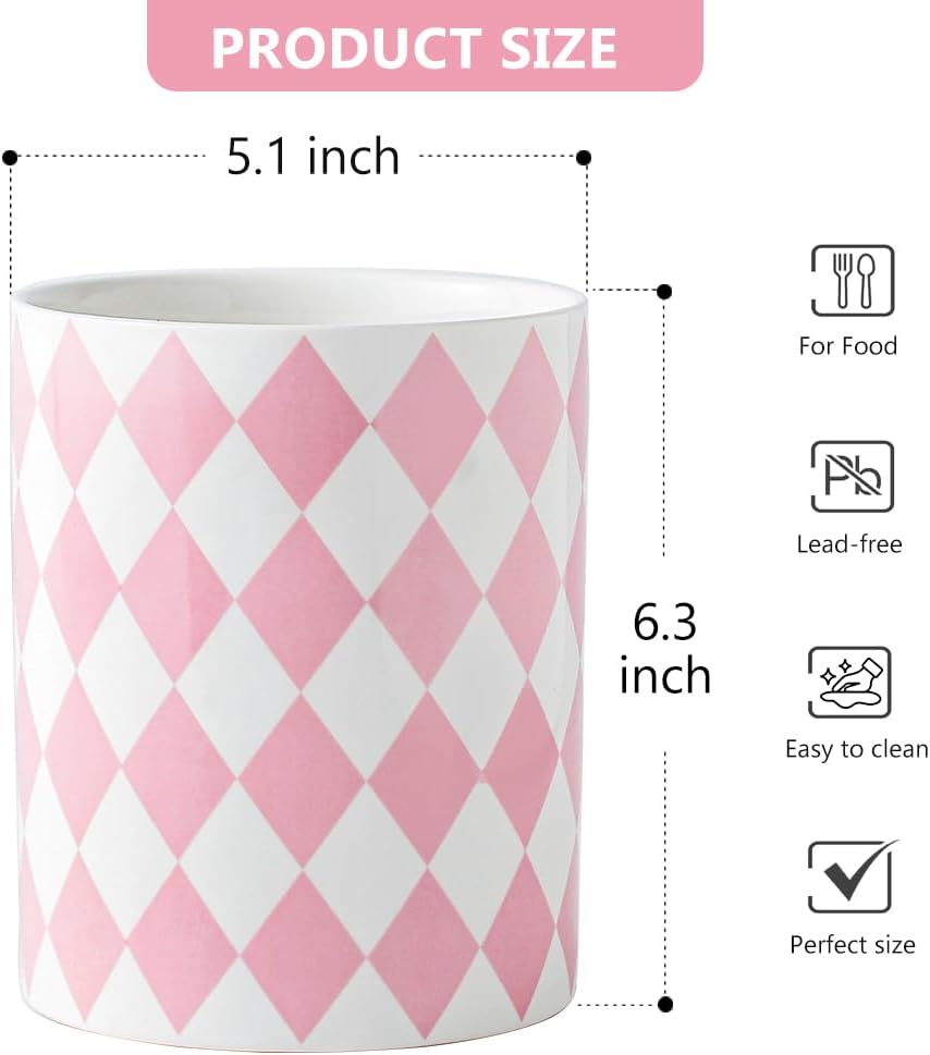 Kitchen Utensil Holder, 6.3 Inch Checkered Ceramic Cooking Utensil Holder Modern Utensil Crocks for Kitchen Counter-Farmhouse, Housewarming Gift, Decor and Accessories (Pink, 6.3 Inch)