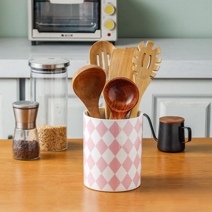 Kitchen Utensil Holder, 6.3 Inch Checkered Ceramic Cooking Utensil Holder Modern Utensil Crocks for Kitchen Counter-Farmhouse, Housewarming Gift, Decor and Accessories (Pink, 6.3 Inch)