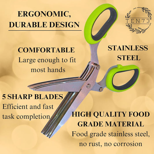 2-in-1 5-Blade Herb Scissors & Herb Stripper Set | 10-Hole Leaf stripper Stem Remover + Stainless Steel Herb Shears with Safety Cover & Cleaning Comb | Dishwasher Safe Kitchen Tool for all Herbs