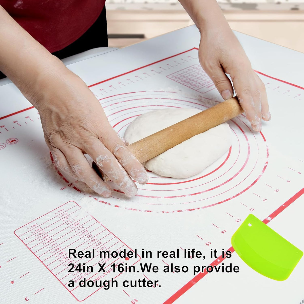 Large 24" x 16" Silicone Baking Mat | Non-Slip Pastry & Dough Mat with Dough scraper | Ideal for Rolling Out Pie Crusts, Fondant, and More | Oven-Safe Silicone Liner (24''L X 16''W)