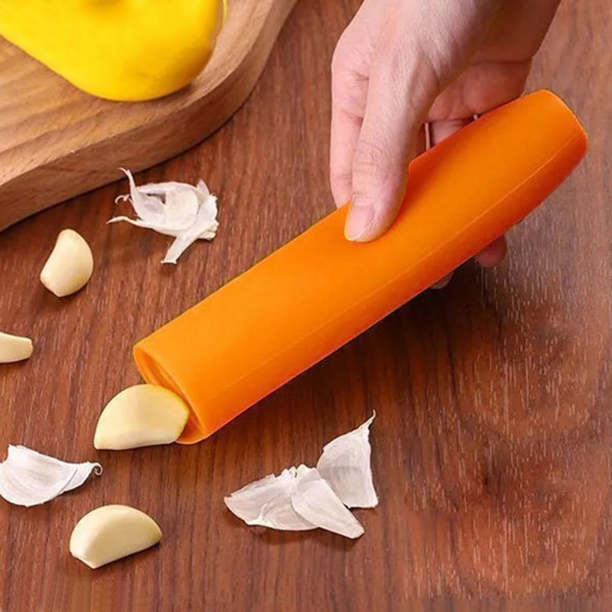Silicone Garlic Peeler 2 Piece, Orange Garlic Roller, Seal the Bottom Design, with Hanging Holes, Easy to Operate and Dishwasher Safe.