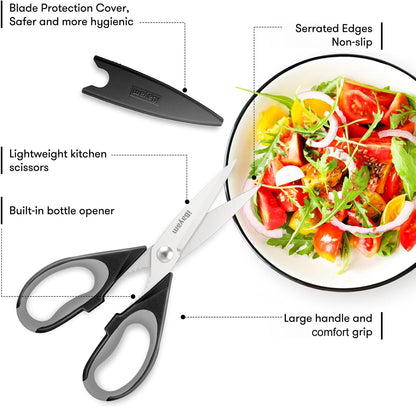 iBayam 3-Pack 8.7" Kitchen Scissors All Purpose Heavy Duty Shears w/Sheath | Soft Comfort Grip, Dishwasher Safe, Stainless Micro-Serrated Edge Blades, Cooking Poultry Herbs Meat Kitchen Utensils Gadgets