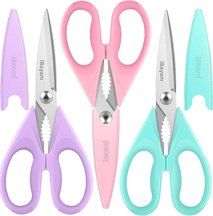 iBayam 3-Pack 8.7" Kitchen Scissors All Purpose Heavy Duty Shears w/Sheath | Soft Comfort Grip, Dishwasher Safe, Stainless Micro-Serrated Edge Blades, Cooking Poultry Herbs Meat Kitchen Utensils Gadgets