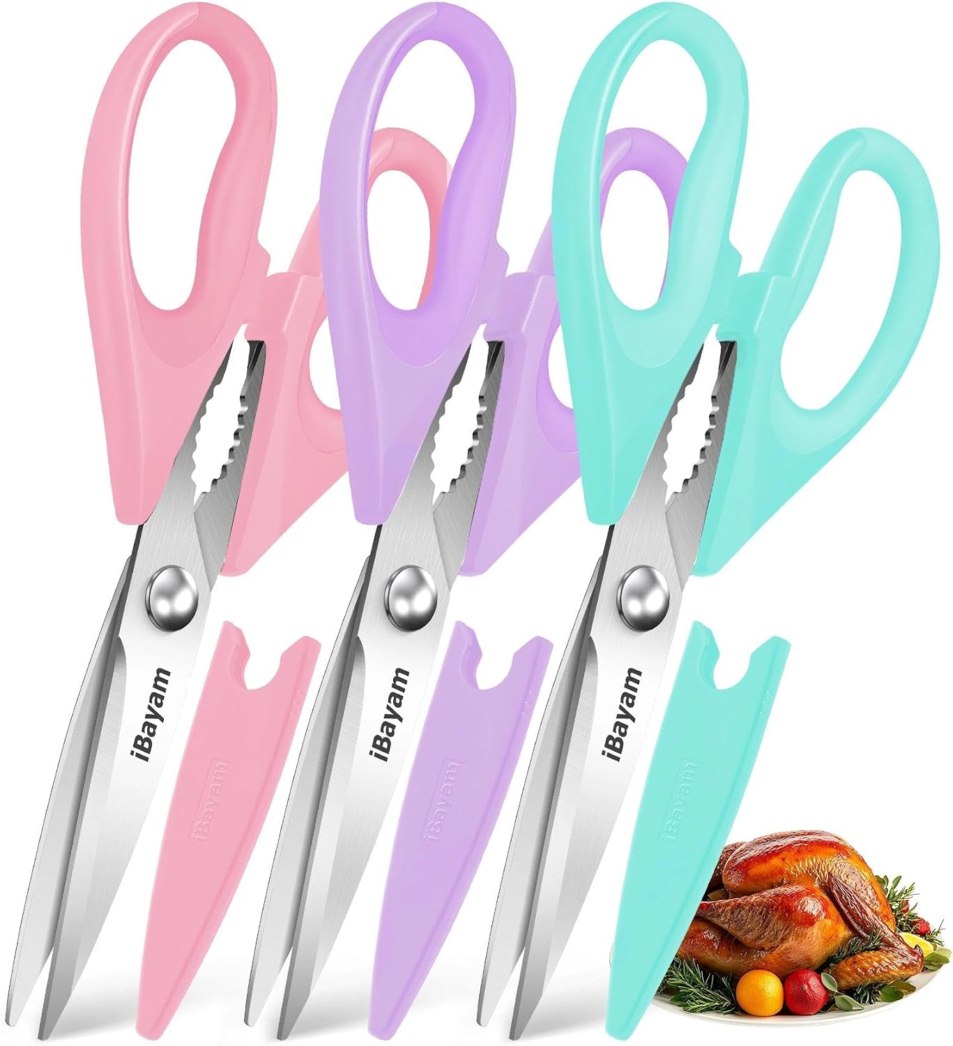 iBayam 3-Pack 8.7" Kitchen Scissors All Purpose Heavy Duty Shears w/Sheath | Soft Comfort Grip, Dishwasher Safe, Stainless Micro-Serrated Edge Blades, Cooking Poultry Herbs Meat Kitchen Utensils Gadgets