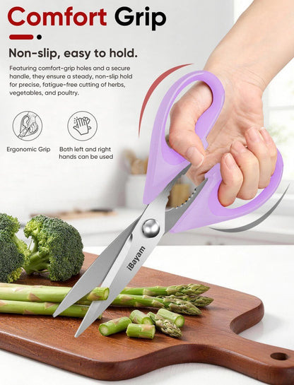 iBayam 3-Pack 8.7" Kitchen Scissors All Purpose Heavy Duty Shears w/Sheath | Soft Comfort Grip, Dishwasher Safe, Stainless Micro-Serrated Edge Blades, Cooking Poultry Herbs Meat Kitchen Utensils Gadgets
