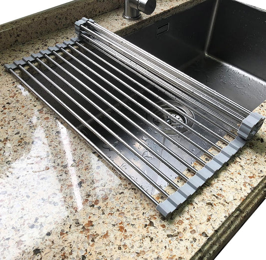Roll Up Dish Drying Rack Over the Sink Grey Large Dish Drying Rack Rolling Foldable Collapsible SUS304 Stainless Steel Multipurpose Dish Drainer for Kitchen Counter (21”x15.7”)