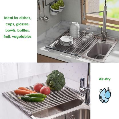 Roll Up Dish Drying Rack Over the Sink Grey Large Dish Drying Rack Rolling Foldable Collapsible SUS304 Stainless Steel Multipurpose Dish Drainer for Kitchen Counter (21”x15.7”)