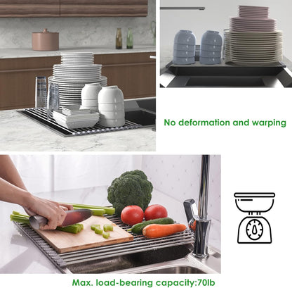 Roll Up Dish Drying Rack Over the Sink Grey Large Dish Drying Rack Rolling Foldable Collapsible SUS304 Stainless Steel Multipurpose Dish Drainer for Kitchen Counter (21”x15.7”)