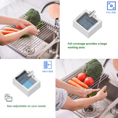Roll Up Dish Drying Rack Over the Sink Grey Large Dish Drying Rack Rolling Foldable Collapsible SUS304 Stainless Steel Multipurpose Dish Drainer for Kitchen Counter (21”x15.7”)