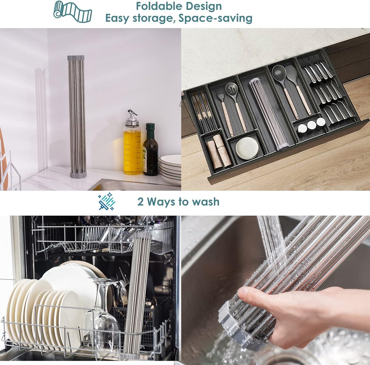 Roll Up Dish Drying Rack Over the Sink Grey Large Dish Drying Rack Rolling Foldable Collapsible SUS304 Stainless Steel Multipurpose Dish Drainer for Kitchen Counter (21”x15.7”)