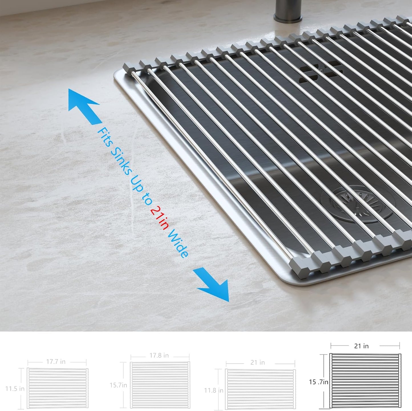 Roll Up Dish Drying Rack Over the Sink Grey Large Dish Drying Rack Rolling Foldable Collapsible SUS304 Stainless Steel Multipurpose Dish Drainer for Kitchen Counter (21”x15.7”)
