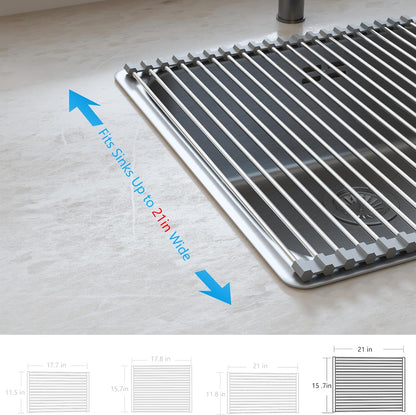 Roll Up Dish Drying Rack Over the Sink Grey Large Dish Drying Rack Rolling Foldable Collapsible SUS304 Stainless Steel Multipurpose Dish Drainer for Kitchen Counter (21”x15.7”)