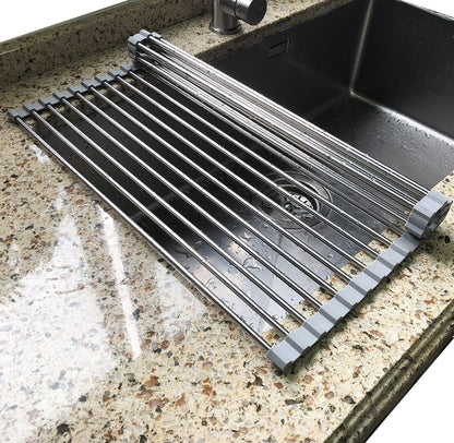 Roll Up Dish Drying Rack Over the Sink Grey Large Dish Drying Rack Rolling Foldable Collapsible SUS304 Stainless Steel Multipurpose Dish Drainer for Kitchen Counter (21”x15.7”)