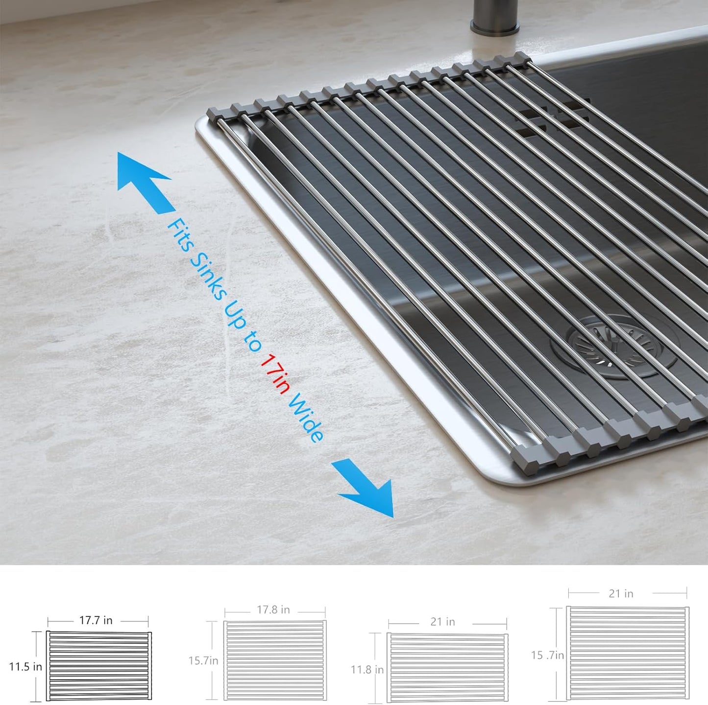 Roll Up Dish Drying Rack Over the Sink Grey Large Dish Drying Rack Rolling Foldable Collapsible SUS304 Stainless Steel Multipurpose Dish Drainer for Kitchen Counter (21”x15.7”)