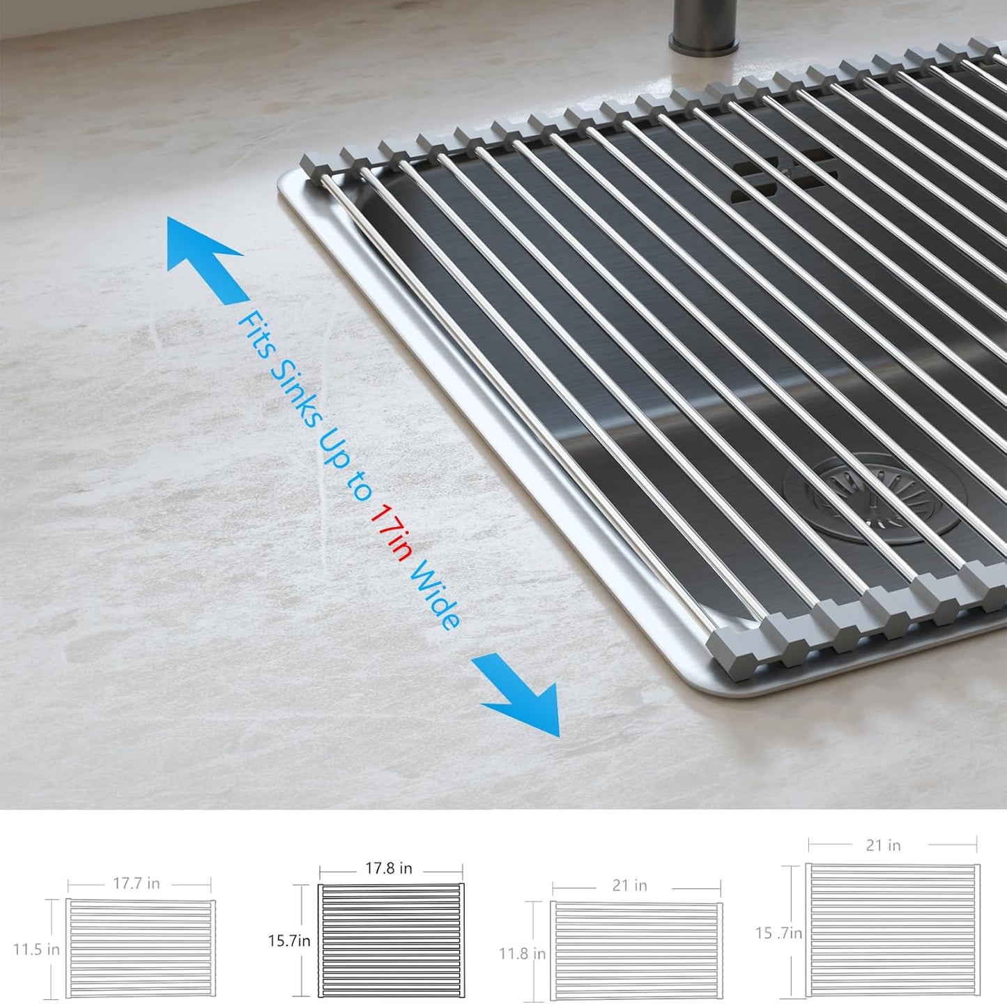 Roll Up Dish Drying Rack Over the Sink Grey Large Dish Drying Rack Rolling Foldable Collapsible SUS304 Stainless Steel Multipurpose Dish Drainer for Kitchen Counter (21”x15.7”)