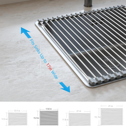 Roll Up Dish Drying Rack Over the Sink Grey Large Dish Drying Rack Rolling Foldable Collapsible SUS304 Stainless Steel Multipurpose Dish Drainer for Kitchen Counter (21”x15.7”)