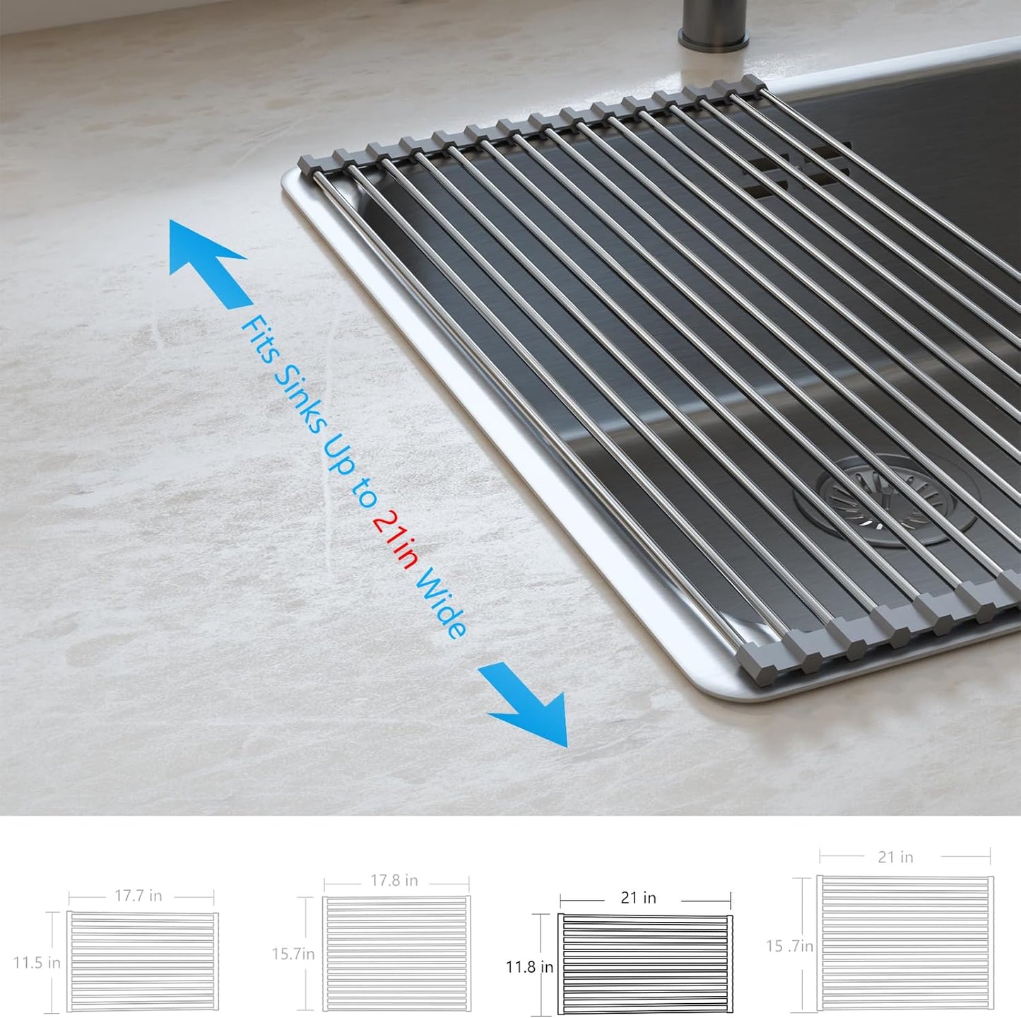 Roll Up Dish Drying Rack Over the Sink Grey Large Dish Drying Rack Rolling Foldable Collapsible SUS304 Stainless Steel Multipurpose Dish Drainer for Kitchen Counter (21”x15.7”)