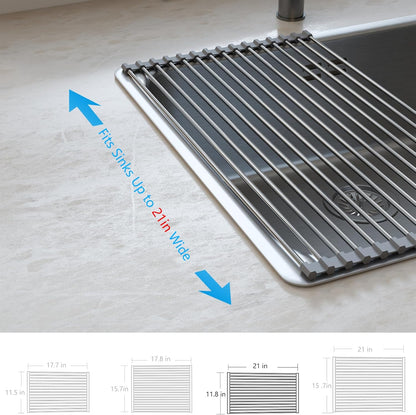 Roll Up Dish Drying Rack Over the Sink Grey Large Dish Drying Rack Rolling Foldable Collapsible SUS304 Stainless Steel Multipurpose Dish Drainer for Kitchen Counter (21”x15.7”)