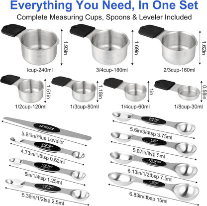 Magnetic Measuring Cups & Spoons Set, Patented, Strong N45 Magnets, Heavy Duty Stainless Steel Fits in Spice Jars for Baking & Cooking, Round Set of 15 with Leveler Colorful