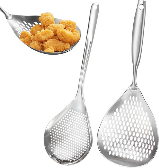 Skimmer Slotted Spoon, 2 Pack Stainless Steel Pasta Spider Strainer Ladle for Frying and Cooking, Frying Strainer Spoon, Kitchen Cooking Skimmer Colander