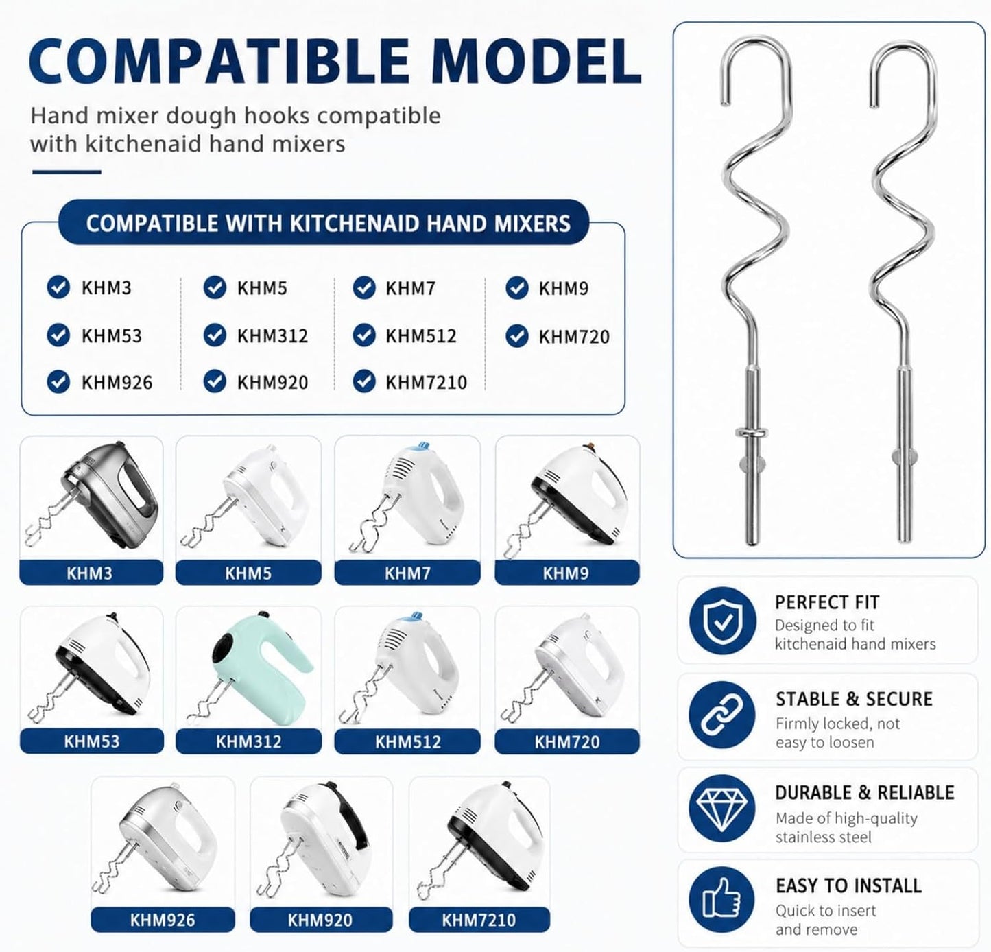 KHM512 Dough Hooks for Hand Mixer, Replacement Compatible with KitchenAid KHM/5KSM/KSM/KSMO/KSMH Series, Heavy-Duty Stainless Steel Attachments for Making Bread & Pizza Dough (2 Pack)