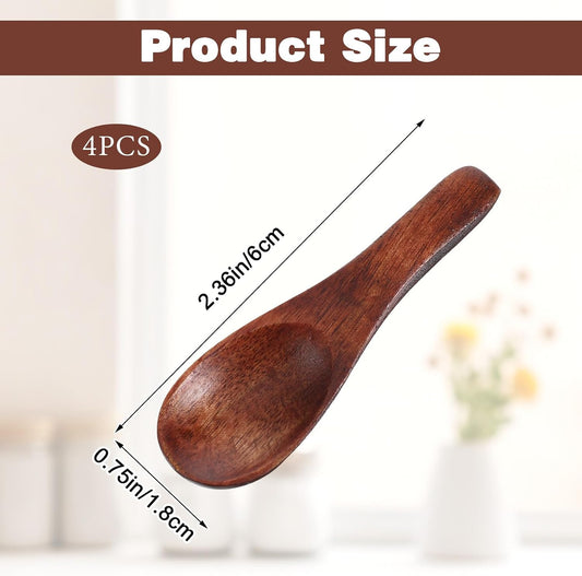 4 Pcs Handcrafted Tiny Wooden Spoons | Mini Scoops for Spice Jars, Honey, Mustard, Sauces & Seasoning - Natural Wood Kitchen Utensils for Cooking & Serving