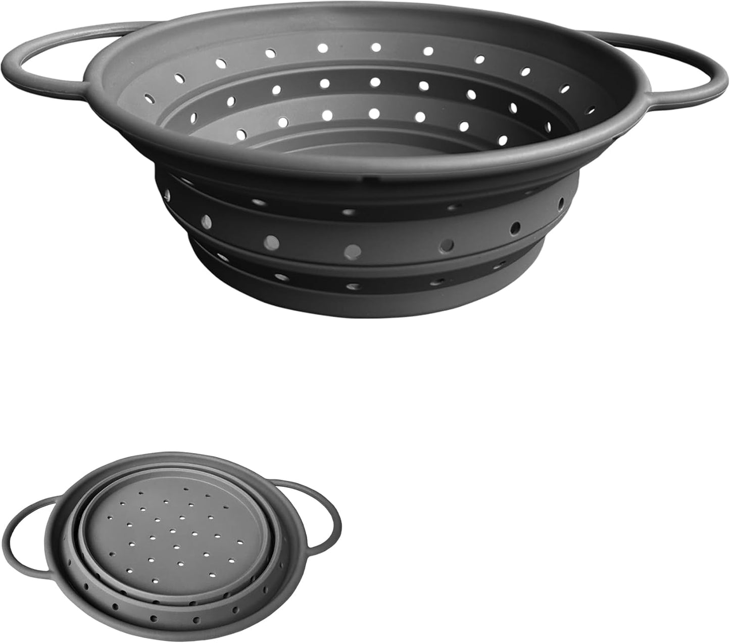 Collapsible Colander with Handle, Silicone Kitchen Colander for Easy Storage,Four-side Fast Draining Silicone Draining Basket, Perfect for Fruits Vegetables (Gray L)