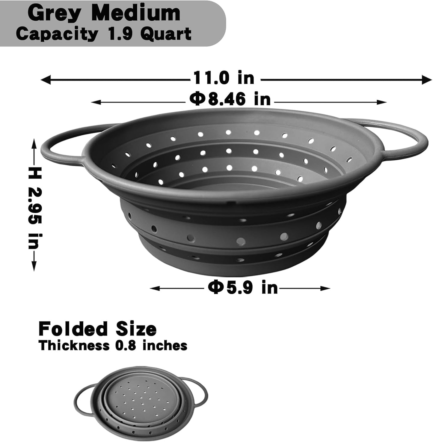 Collapsible Colander with Handle, Silicone Kitchen Colander for Easy Storage,Four-side Fast Draining Silicone Draining Basket, Perfect for Fruits Vegetables (Gray L)