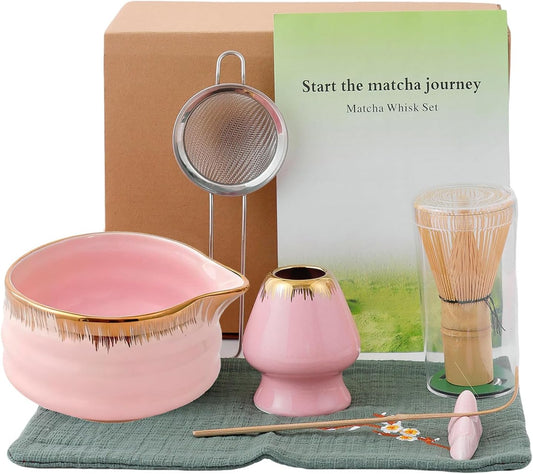 7-Piece Matcha Set, Matcha Bowl & Bamboo Whisk Kit | Ceremonial Matcha Whisk Tools with Golden Texture Details, Japanese Tea Ceremony Starter Kit & Unique Matcha Gift (Pink)